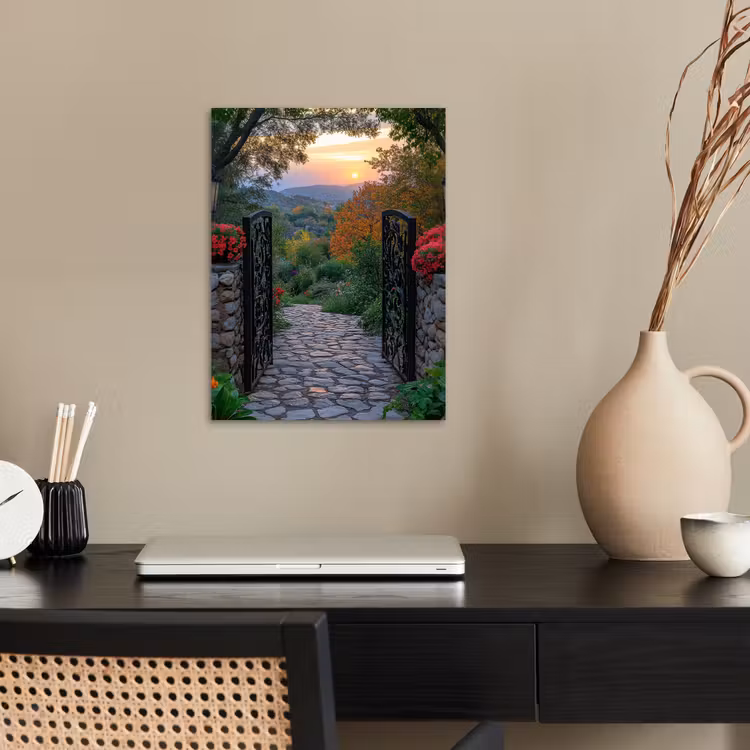 Landschap - Hek - Pad - Zonsondergang - Natuur poster papier klein -sfeer1