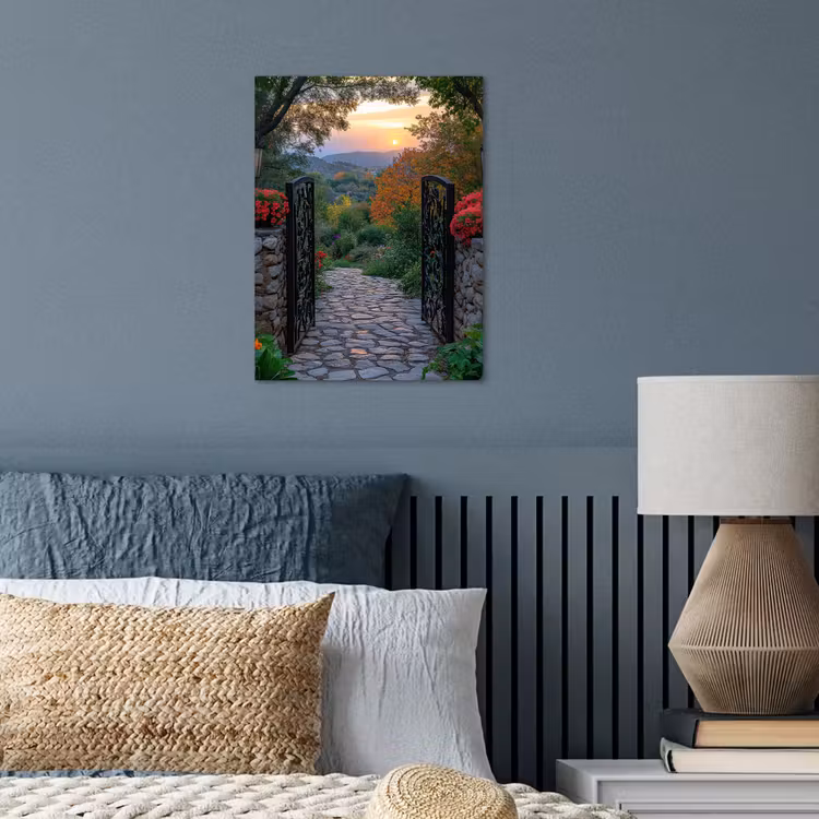 Landschap - Hek - Pad - Zonsondergang - Natuur poster papier klein -sfeer2
