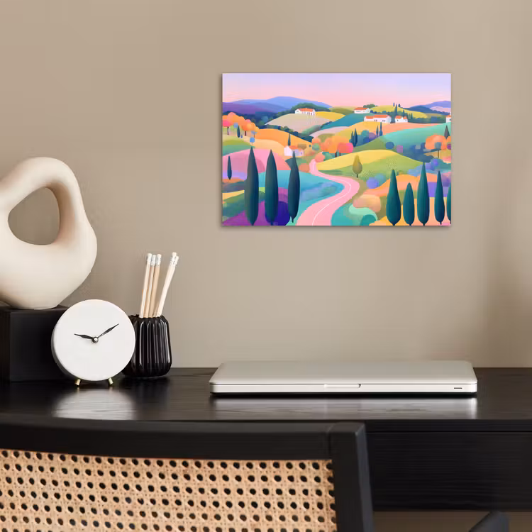 Landschap - Paars - Pastel - Huizen poster papier klein -sfeer1