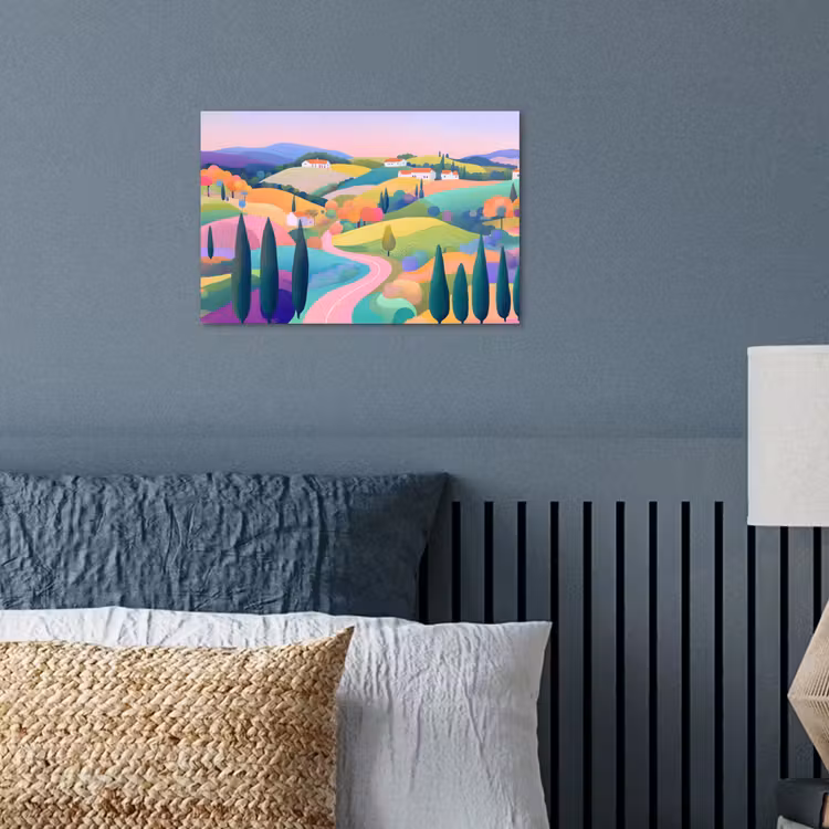 Landschap - Paars - Pastel - Huizen poster papier klein -sfeer2