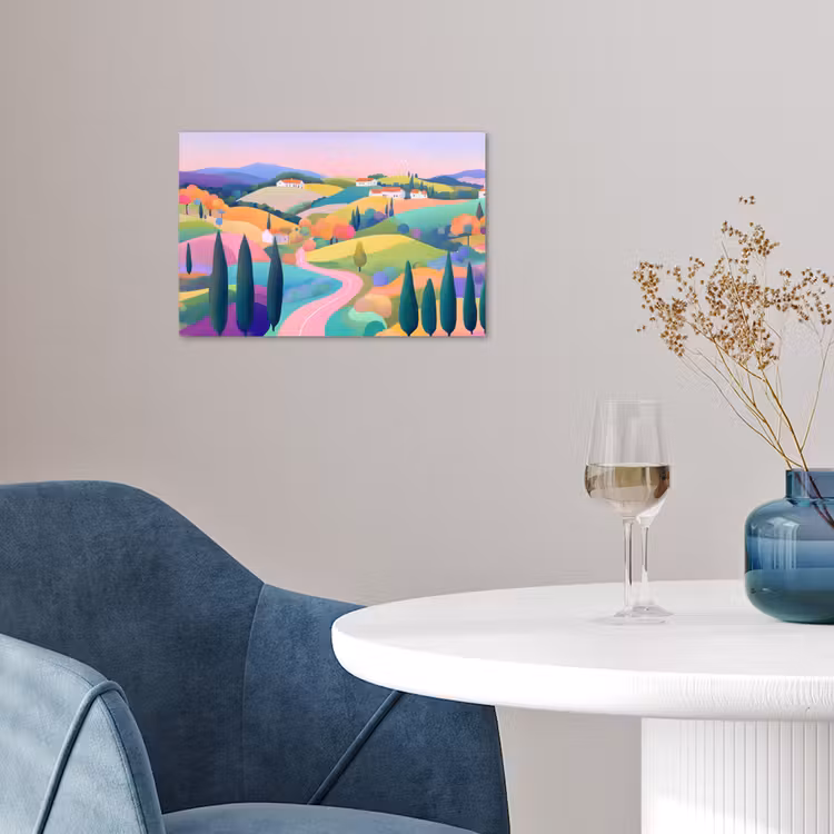 Landschap - Paars - Pastel - Huizen poster papier klein -sfeer3