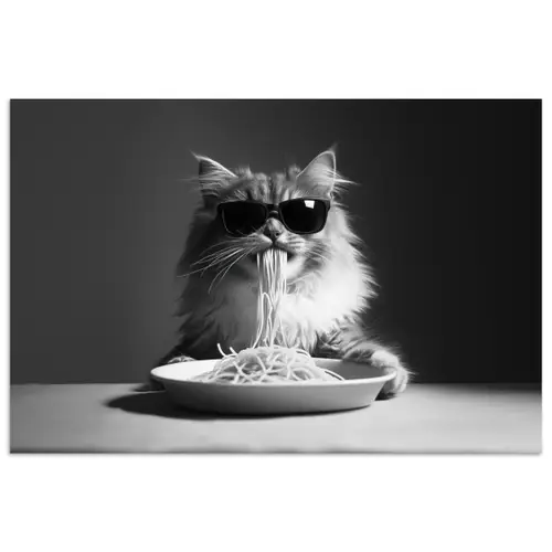 Langharige kat - Zonnebril - Spaghetti - Humor - Zwart - wit poster papier klein -3d