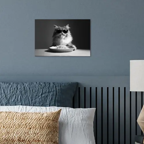 Langharige kat - Zonnebril - Spaghetti - Humor - Zwart - wit poster papier klein -sfeer2