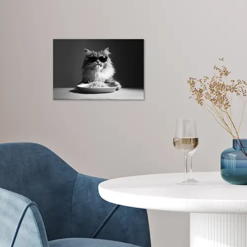 Langharige kat - Zonnebril - Spaghetti - Humor - Zwart - wit poster papier klein -sfeer3