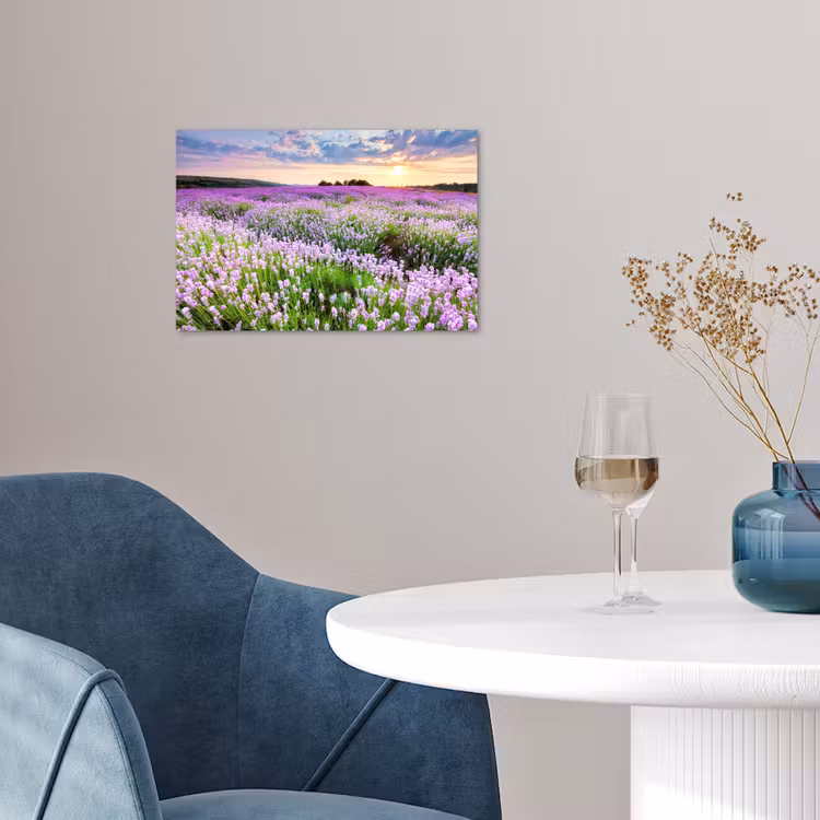 Lavendel - Bloemen - Zonsondergang - Paars - Weide poster papier klein -sfeer3