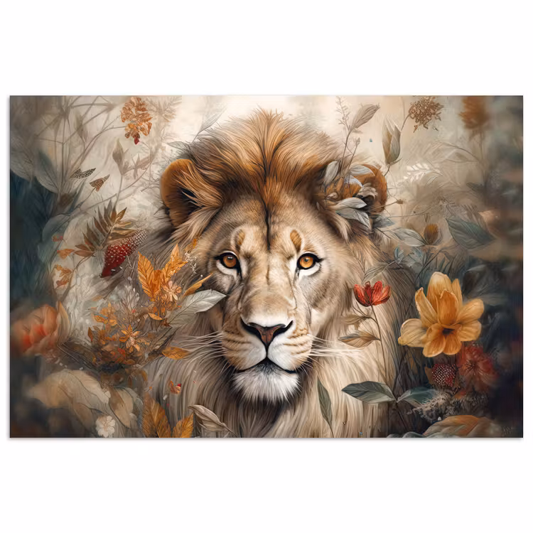 Leeuw - Wilde dieren - Planten - Natuur - Bloemen poster papier klein -3d