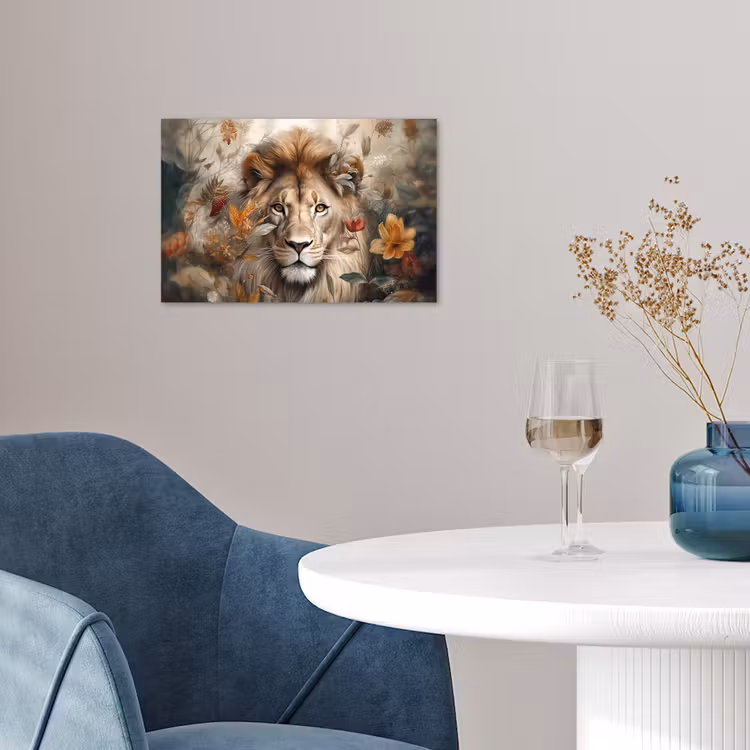 Leeuw - Wilde dieren - Planten - Natuur - Bloemen poster papier klein -sfeer3