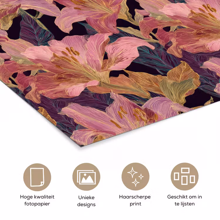 Lelies - Patroon - Roze - Goud poster papier klein 62 -closeup_NL