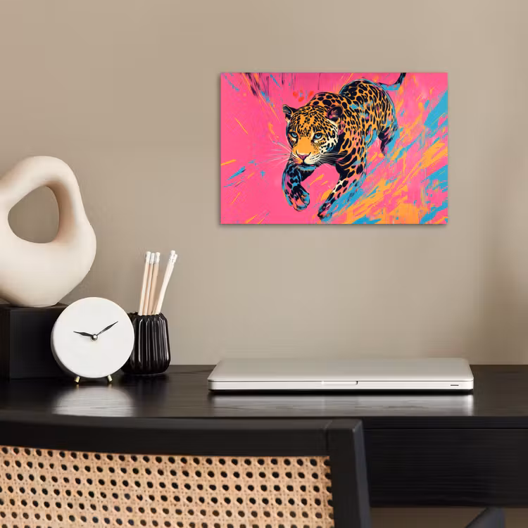 Luipaard - Roze - Oranje - Blauw - Verf poster papier klein -sfeer1