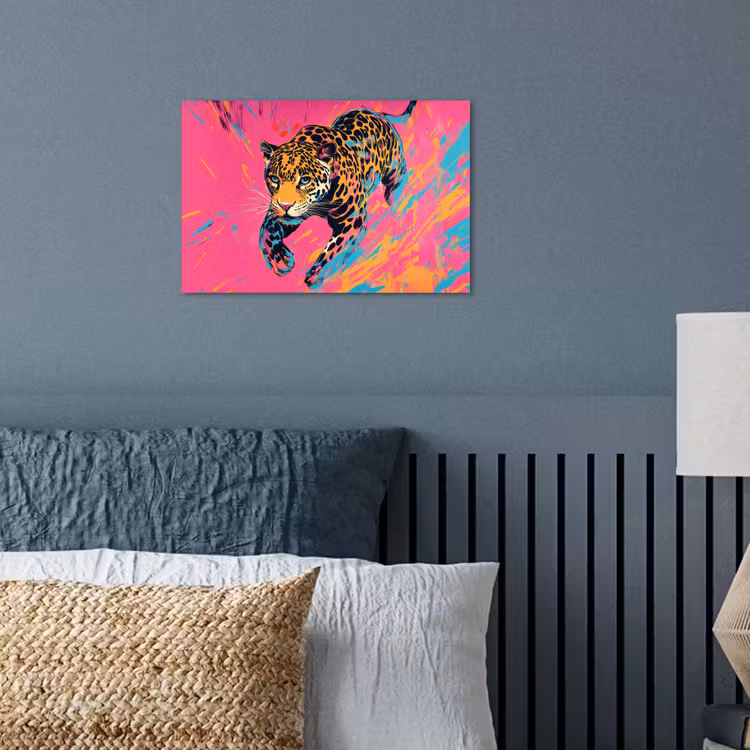 Luipaard - Roze - Oranje - Blauw - Verf poster papier klein -sfeer2