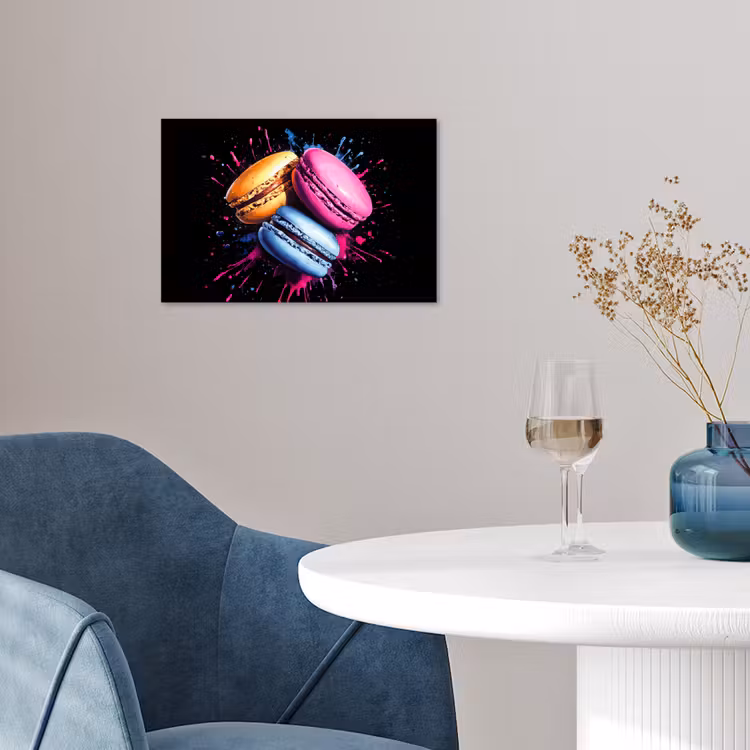 Macarons - Dessert - Graffiti - Kleurrijk - Roze - Blauw - Geel poster papier klein -sfeer3
