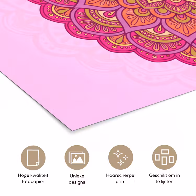 Mandala - Cirkel - Spiritueel - Oosters - Roze poster papier klein -closeup_NL