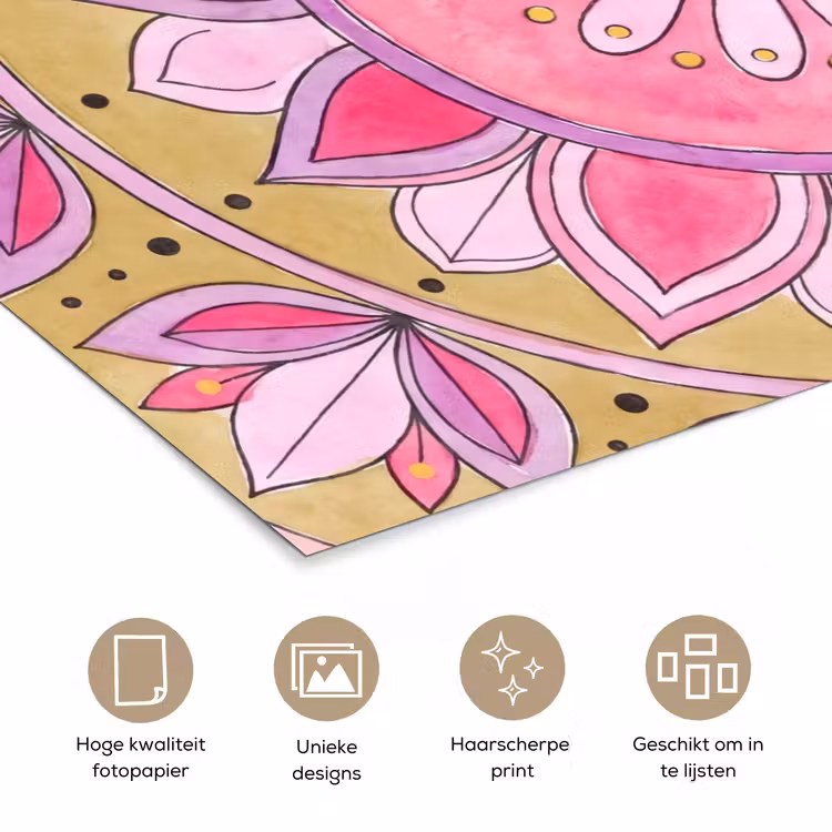 Mandala - Patroon - Kunst - Aquarel - Roze poster papier klein -closeup_NL