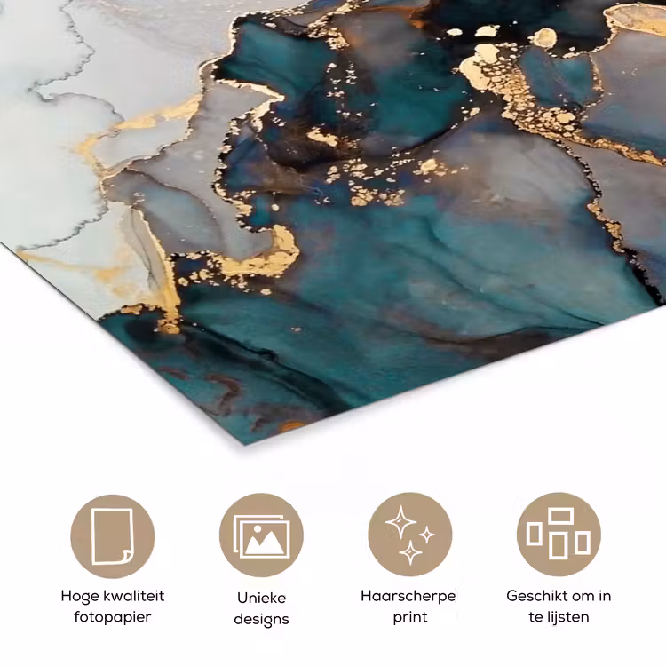 Marmer print - Goud - Blauw poster papier klein -closeup_NL