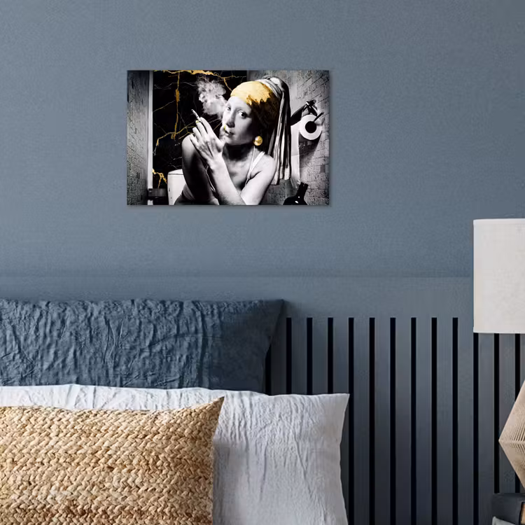Marmerlook - Meisje met de parel - Sigaretten - Toilet - Goud - Kunst - Oude meesters poster papier klein -sfeer2