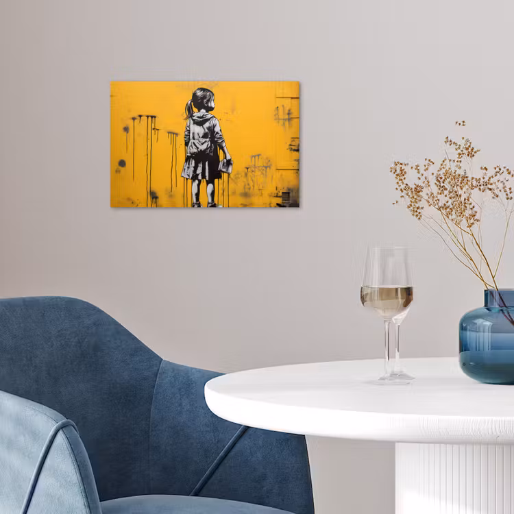 Meisje - Boek - Gele Muur - Graffiti poster papier klein -sfeer3
