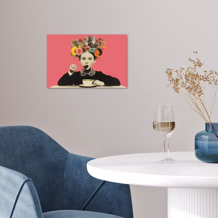 Meisje - Kopje - Bloemen - Roze poster papier klein -sfeer3