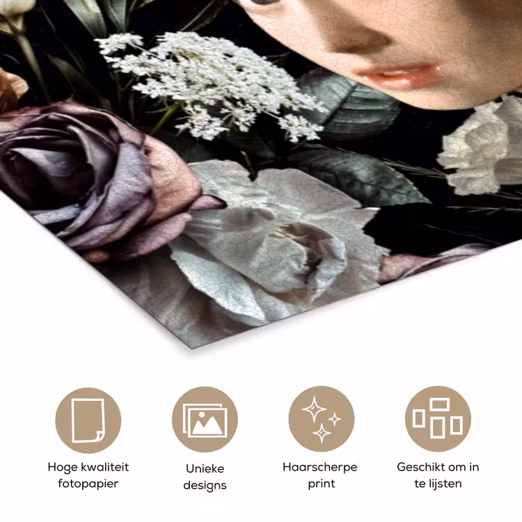 Meisje met de parel - Bloemen - Vermeer - Pastel - Kunstwerk - Schilderij - Oude meesters poster papier klein -closeup_NL