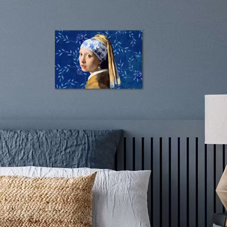 Meisje met de parel - Delfts blauw - Vermeer - Bloemen - Schilderij - Oude meesters poster papier klein -sfeer2