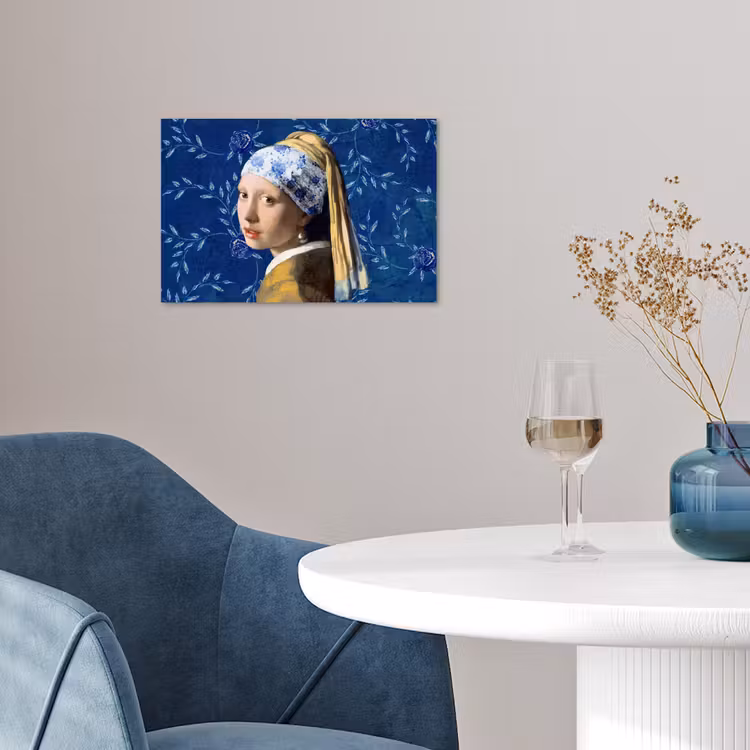 Meisje met de parel - Delfts blauw - Vermeer - Bloemen - Schilderij - Oude meesters poster papier klein -sfeer3