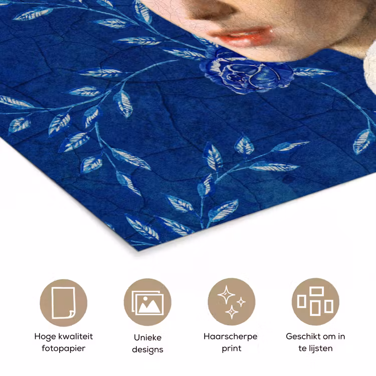 Meisje met de parel - Delfts blauw - Vermeer - Bloemen - Schilderij - Oude meesters poster papier klein -closeup_NL