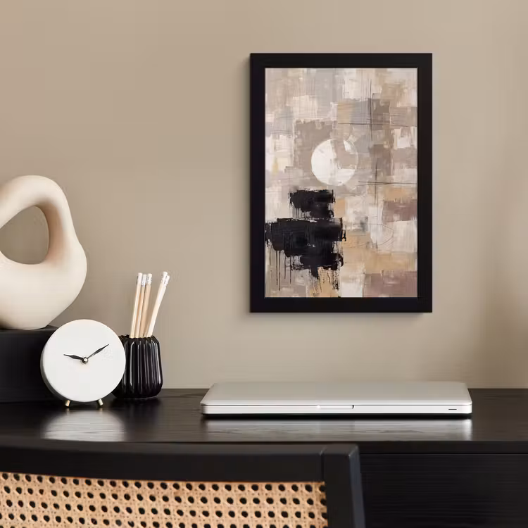 Abstract - Cirkel - Modern - Beige - Zwart - Minimalistisch fotolijst zwart zonder passe partout klein -sfeer1