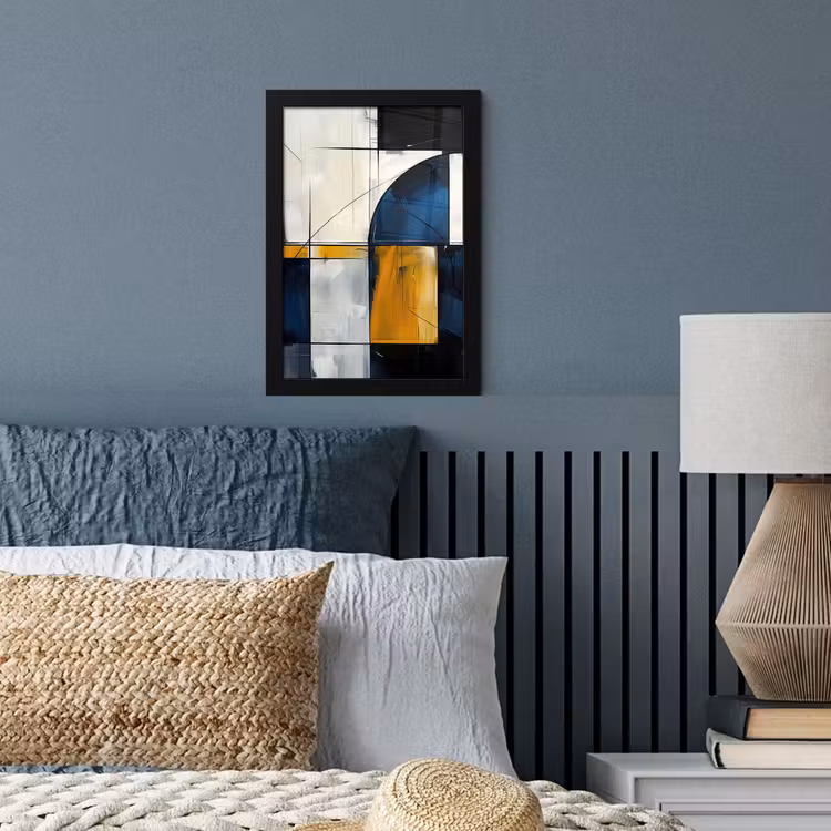Abstract - Vormen - Goud - Blauw - Geometrisch fotolijst zwart zonder passe partout klein -sfeer3