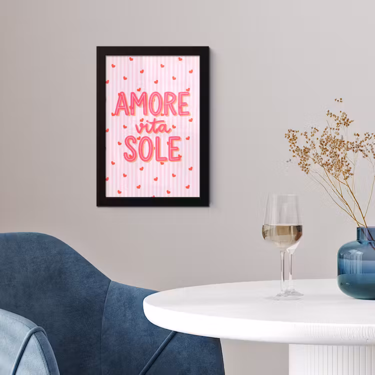 Amore vita sole - Roze - Hartjes fotolijst zwart zonder passe partout klein -sfeer4