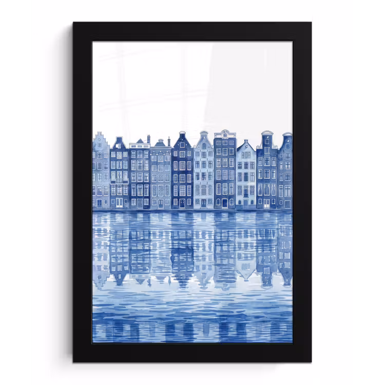 Aquarel - Grachtenpanden - Delfts - Blauw fotolijst zwart zonder passe partout klein -3d