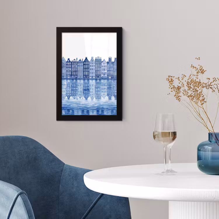 Aquarel - Grachtenpanden - Delfts - Blauw fotolijst zwart zonder passe partout klein -sfeer4