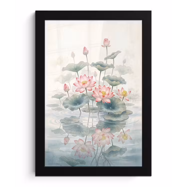 Aquarel - Lotusbloemen - Kleurrijk fotolijst zwart zonder passe partout klein -3d