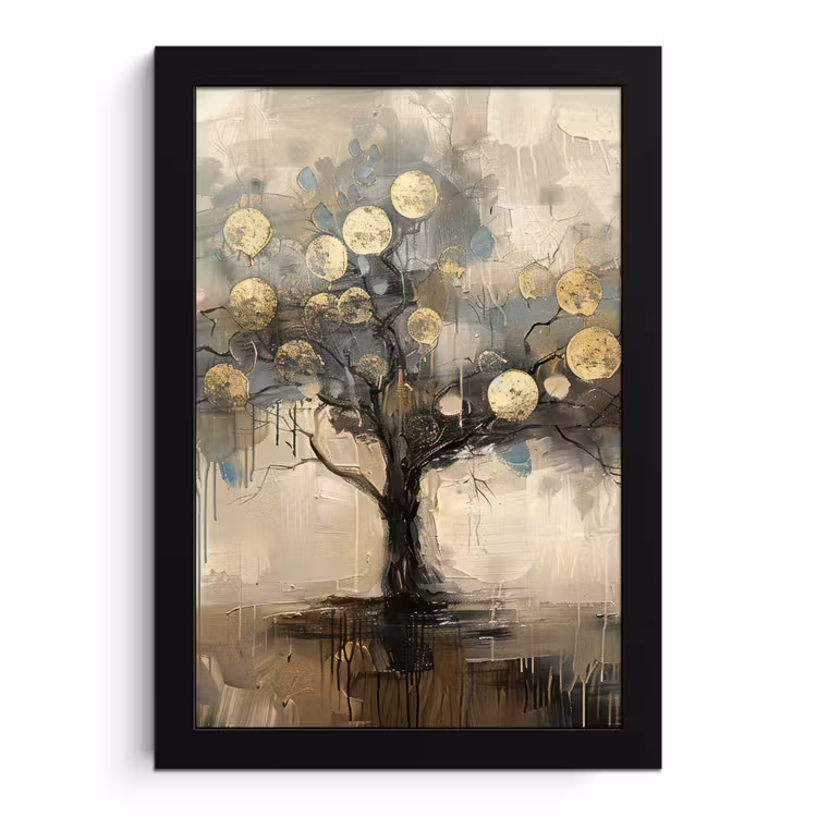 Beige - Abstract - Boom - Goud fotolijst zwart zonder passe partout klein -3d