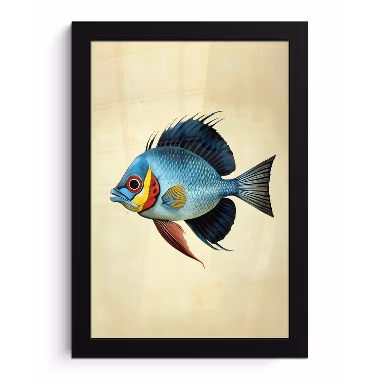 Blauw - Kieuwen - Vis - Illustratie fotolijst zwart zonder passe partout klein -3d