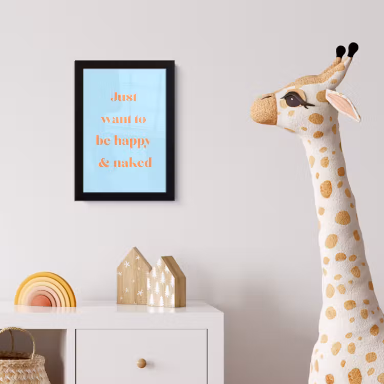 Blauw - Oranje - Just want to be happy & naked fotolijst zwart zonder passe partout klein -usfeer4_kinderkamer