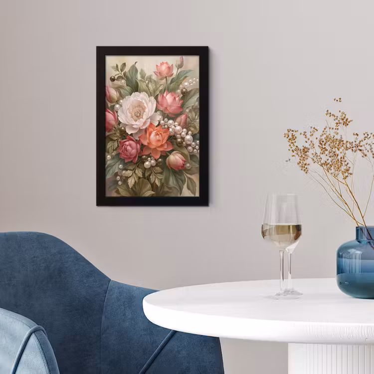 Bloemen - Parels - Elegant - Roze - Wit fotolijst zwart zonder passe partout klein -sfeer4