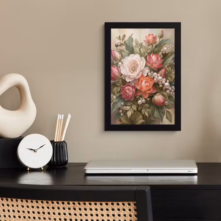 Bloemen - Parels - Elegant - Roze - Wit fotolijst zwart zonder passe partout klein -sfeer1