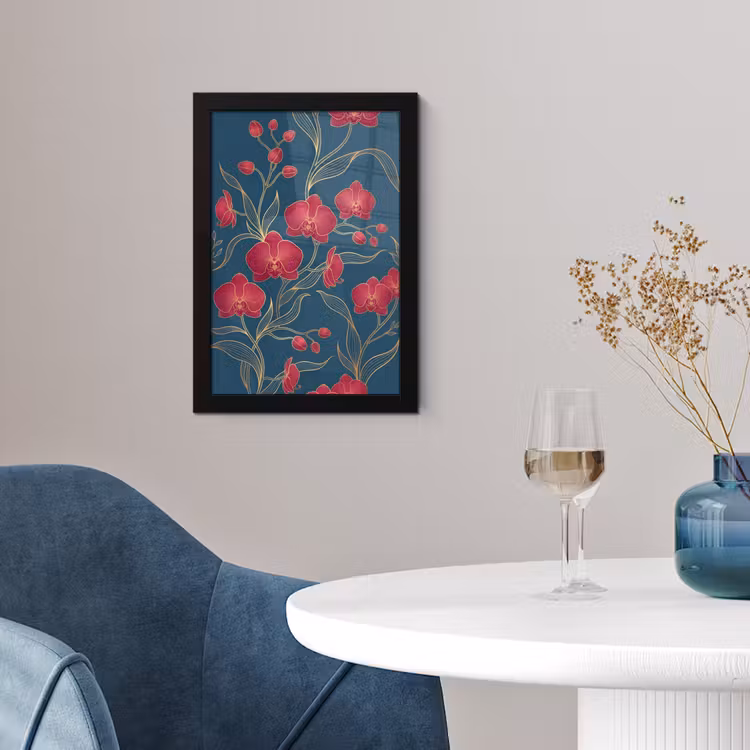 Poster met lijst - Bloemen - Rood - Goud - Bloemen - Rood - Goud fotolijst zwart zonder passe partout klein