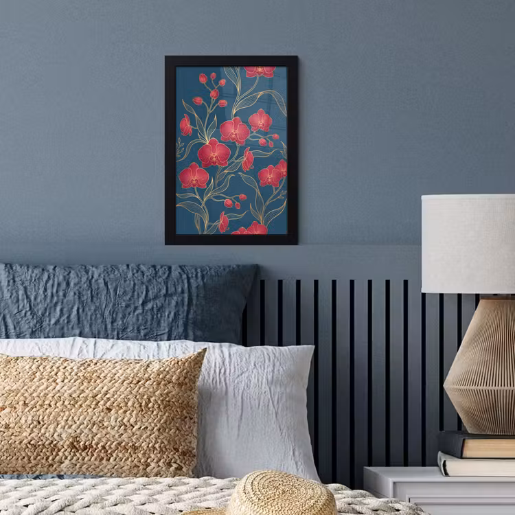 Poster met lijst - Bloemen - Rood - Goud - Bloemen - Rood - Goud fotolijst zwart zonder passe partout klein