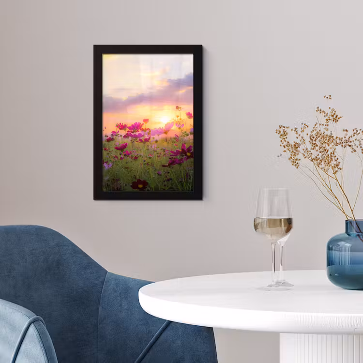 Bloemen - Roze - Zonsondergang - Natuur - Weide - Horizon fotolijst zwart zonder passe partout klein -sfeer4