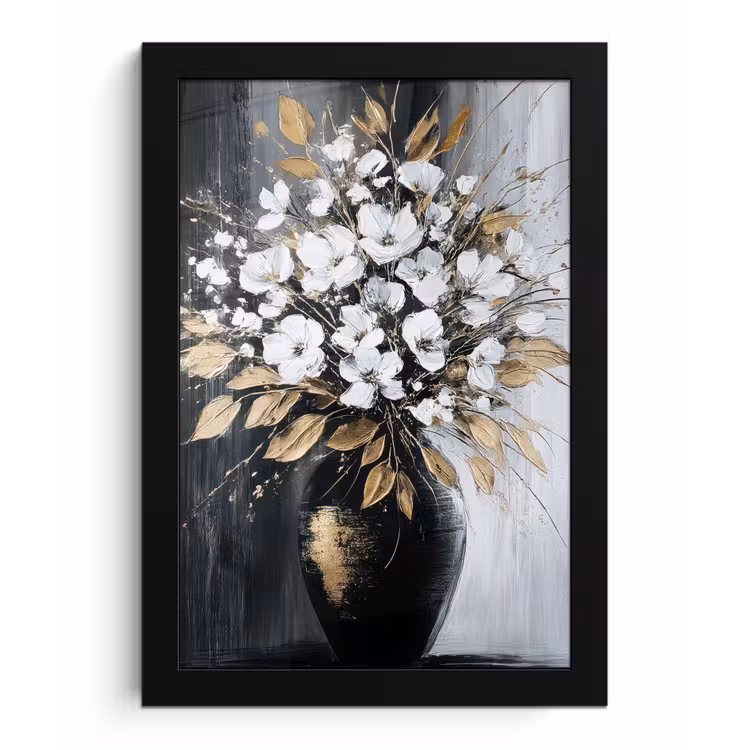 Bloemen - Wit - Vaas - Abstract fotolijst zwart zonder passe partout klein -3d