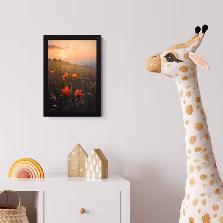 Bloemenveld - Gras - Bloemen - Planten - Zonsondergang - Oranje fotolijst zwart zonder passe partout klein -usfeer4_kinderkamer