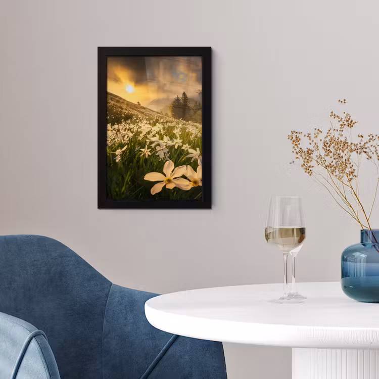 Bloemenveld - Heuvels - Zonsondergang - Berg - Natuur - Wit - Heuvels fotolijst zwart zonder passe partout klein -sfeer4