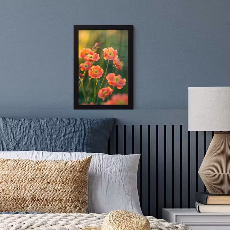 Bloemenveld - Zonnestralen - Oranje fotolijst zwart zonder passe partout klein -sfeer3