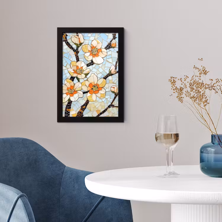 Bloesems - Wit - Mozaïek - Tak fotolijst zwart zonder passe partout klein -sfeer4