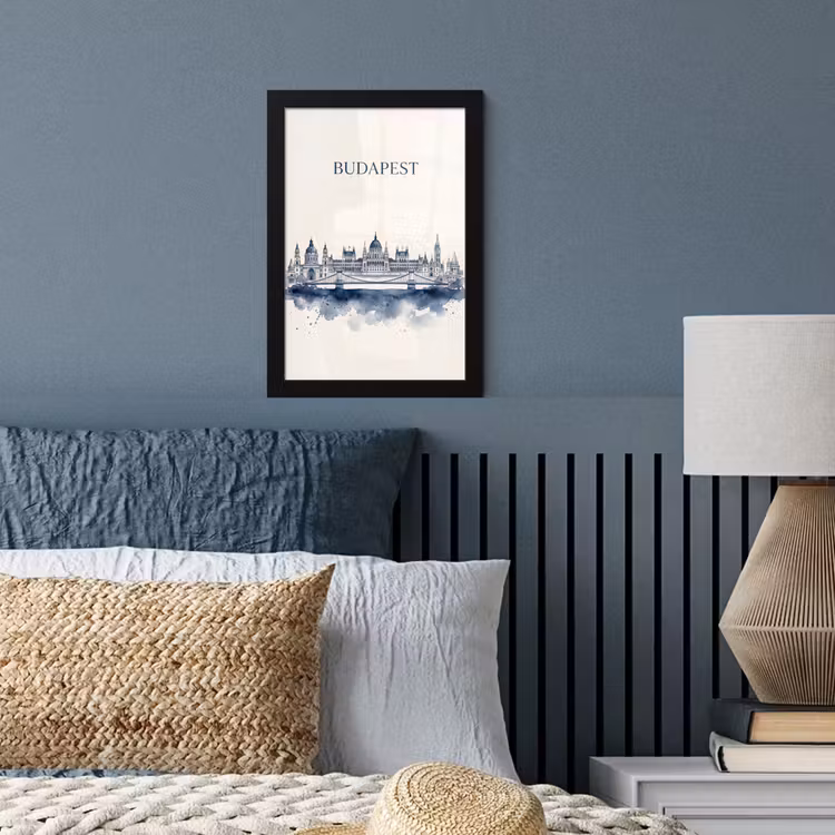Boedapest - Skyline - Architectuur - Aquarel - Blauw fotolijst zwart zonder passe partout klein -sfeer3