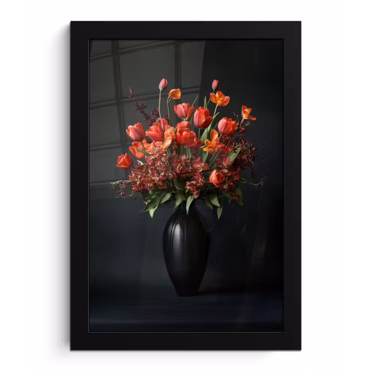 Boeket - Tulpen - Vaas - Rood fotolijst zwart zonder passe partout klein -3d