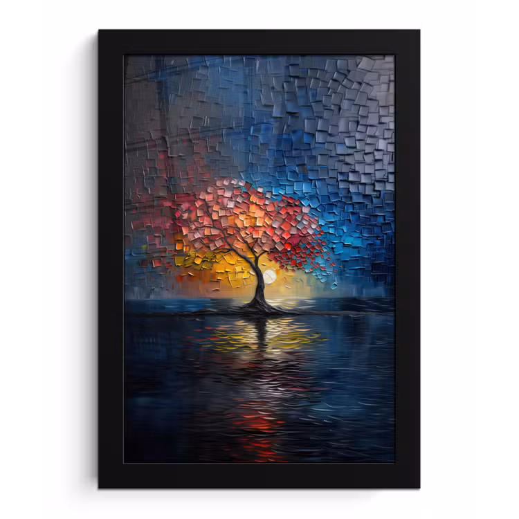 Boom - Blauw - Bladeren - Vakken fotolijst zwart zonder passe partout klein -3d