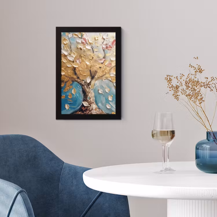 Boom - Blauw - Goud - Abstract - Modern fotolijst zwart zonder passe partout klein -sfeer4