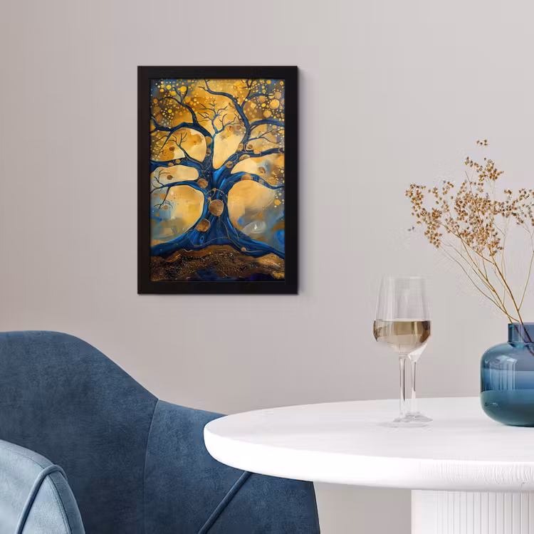 Boom - Levensboom - Blauw - Goud fotolijst zwart zonder passe partout klein -sfeer4