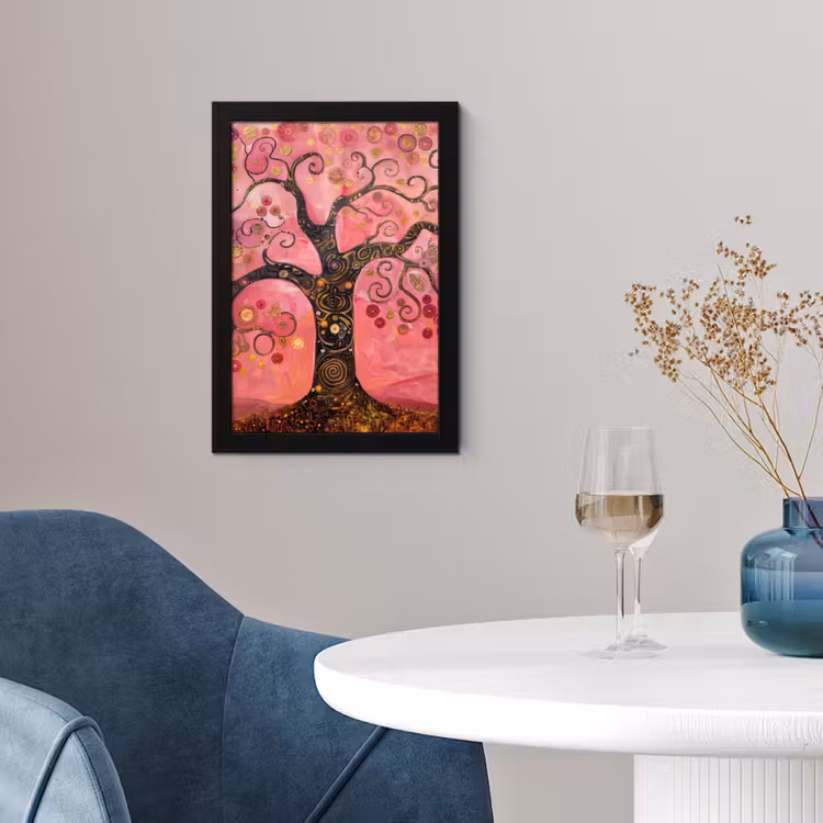 Boom - Levensboom - Roze - Goud fotolijst zwart zonder passe partout klein -sfeer4
